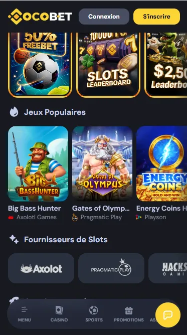 Lobby mobile de Cocobet avec les jeux populaires