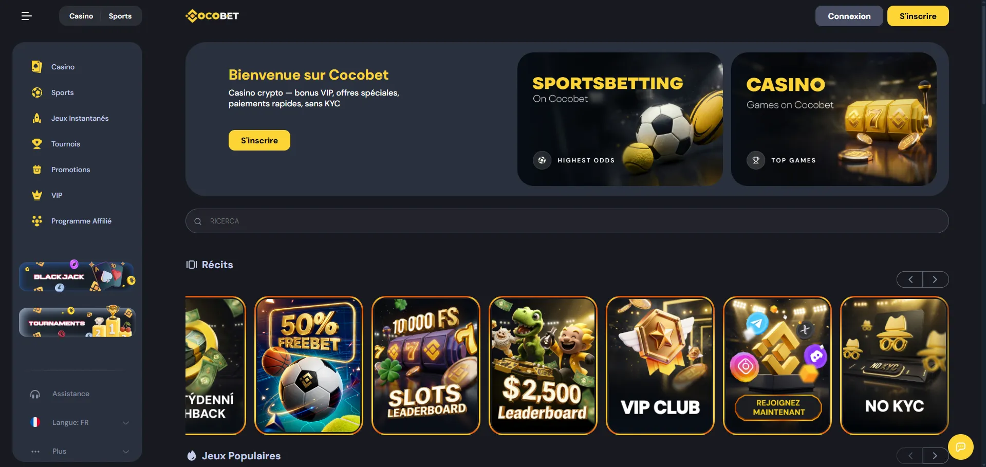Lobby desktop du casino Cocobet avec les bannières de bonus